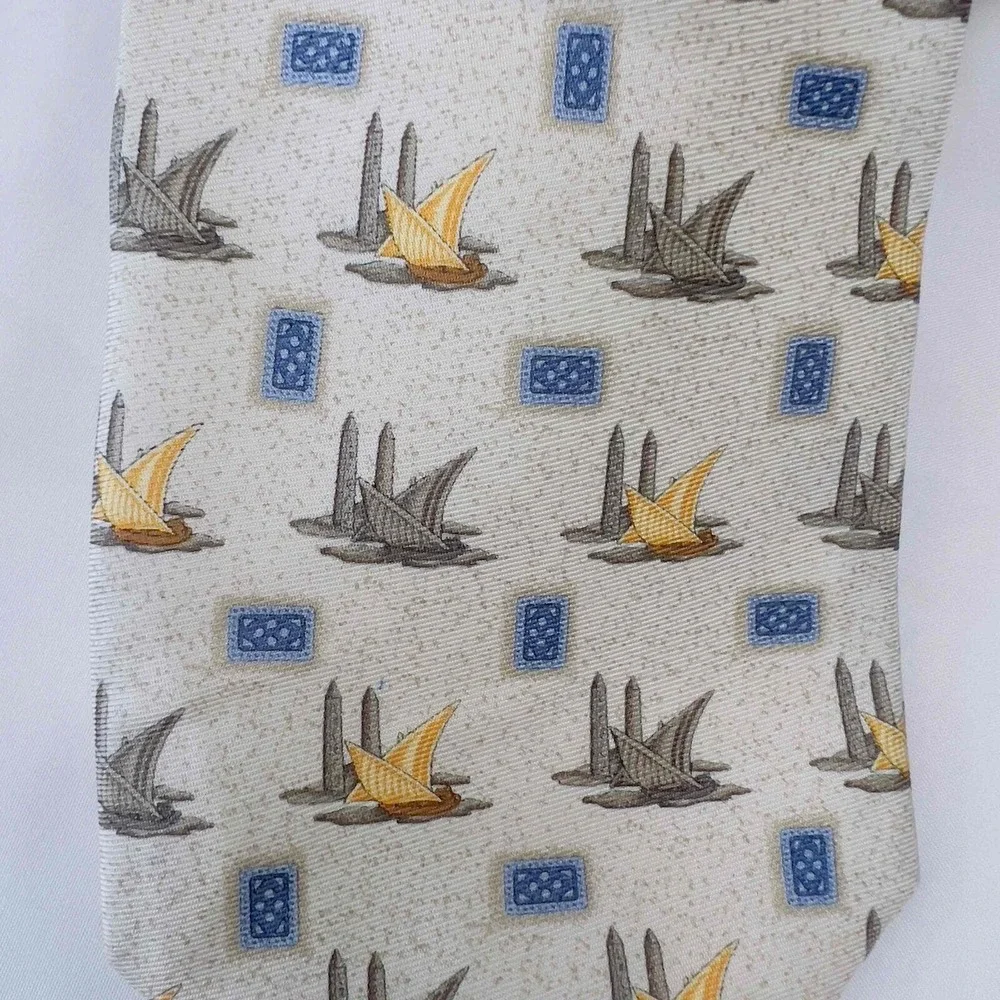 Burberry Size M Tie‎ Silk Sailboats Printed Pattern Multicolor 3.5